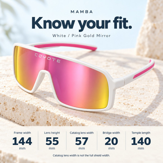 Coyote Mamba size guide: frame width 144 mm; catalog lens width 57 mm; lens height 55 mm; bridge 20 mm; temple 140 mm. Catalog lens width is not the full shield width.