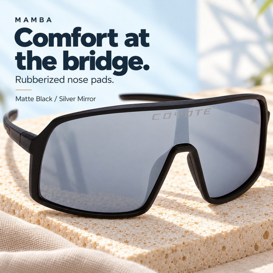 Coyote Mamba Polarized Sport Shield Sunglasses Matte Black/Silver Mirror. Rubberized nose view.