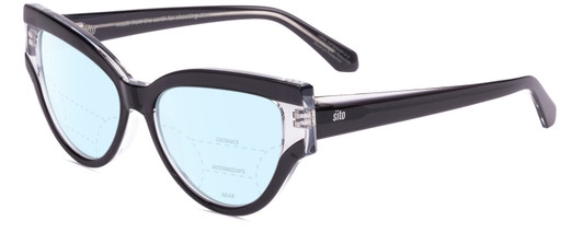 Profile View of SITO SHADES ALLNIGHTER Designer Progressive Lens Blue Light Blocking Eyeglasses in Black Clear Crystal Ladies Cat Eye Full Rim Acetate 56 mm