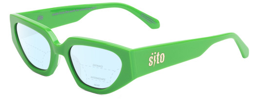 Profile View of SITO SHADES AXIS Designer Progressive Lens Blue Light Blocking Eyeglasses in Neon Green Flash Ladies Square Full Rim Acetate 55 mm