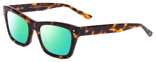 Profile View of SITO SHADES BREAK OF DAWN Designer Polarized Reading Sunglasses with Custom Cut Powered Green Mirror Lenses in Honey Tortoise Havana Unisex Square Full Rim Acetate 54 mm