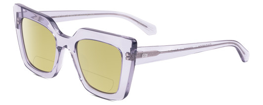 Profile View of SITO SHADES CULT VISION Designer Polarized Reading Sunglasses with Custom Cut Powered Sun Flower Yellow Lenses in Cosmic Purple Crystal Ladies Cat Eye Full Rim Acetate 51 mm