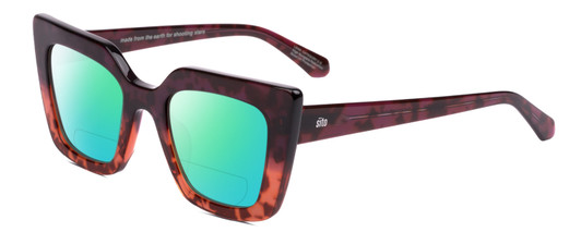 Profile View of SITO SHADES CULT VISION Designer Polarized Reading Sunglasses with Custom Cut Powered Green Mirror Lenses in Rosewood Purple Tortoise Ladies Cat Eye Full Rim Acetate 51 mm