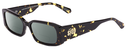 Profile View of SITO SHADES ELECTRO VISION Designer Polarized Reading Sunglasses with Custom Cut Powered Smoke Grey Lenses in Limeade Black Yellow Tortoise Unisex Square Full Rim Acetate 56 mm