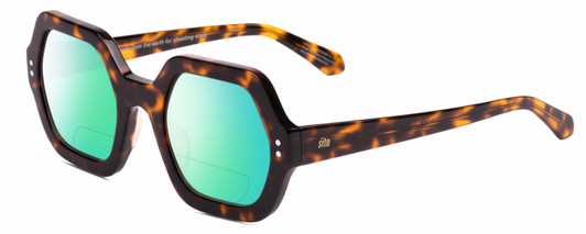 Profile View of SITO SHADES FOXY Designer Polarized Reading Sunglasses with Custom Cut Powered Green Mirror Lenses in Honey Tortoise Havana Ladies Square Full Rim Acetate 52 mm