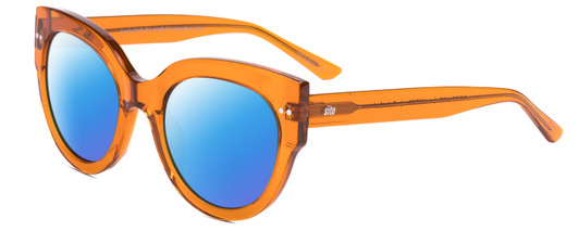 Profile View of SITO SHADES GOOD LIFE Designer Polarized Sunglasses with Custom Cut Blue Mirror Lenses in Amber Orange Crystal Ladies Round Full Rim Acetate 54 mm