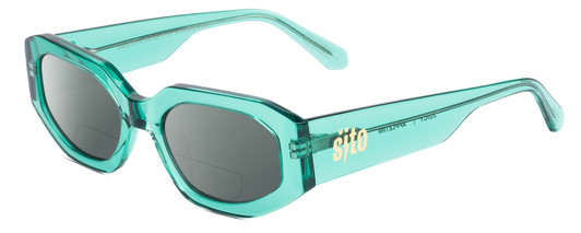 Profile View of SITO SHADES JUICY Designer Polarized Reading Sunglasses with Custom Cut Powered Smoke Grey Lenses in Appletini Blue Crystal Ladies Square Full Rim Acetate 53 mm