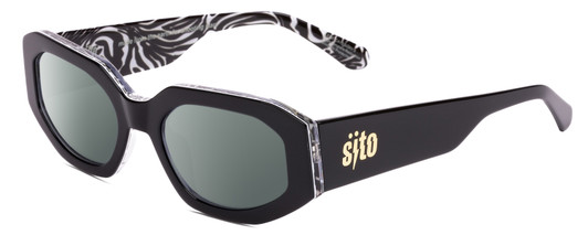 Profile View of SITO SHADES JUICY Designer Polarized Sunglasses with Custom Cut Smoke Grey Lenses in Black White Zebra Print Safari Ladies Square Full Rim Acetate 53 mm