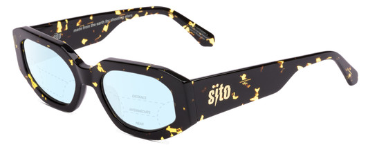 Profile View of SITO SHADES JUICY Designer Progressive Lens Blue Light Blocking Eyeglasses in Limeade Black Yellow Tortoise Ladies Square Full Rim Acetate 53 mm