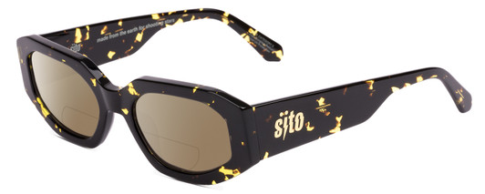 Profile View of SITO SHADES JUICY Designer Polarized Reading Sunglasses with Custom Cut Powered Amber Brown Lenses in Limeade Black Yellow Tortoise Ladies Square Full Rim Acetate 53 mm