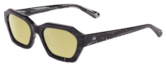 Profile View of SITO SHADES KINETIC Designer Polarized Reading Sunglasses with Custom Cut Powered Sun Flower Yellow Lenses in Matrix Black White Unisex Square Full Rim Acetate 54 mm