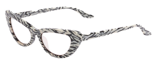 Profile View of SITO SHADES LUNETTE Designer Single Vision Prescription Rx Eyeglasses in Savannah Black White Zebra Print Ladies Cat Eye Full Rim Acetate 52 mm