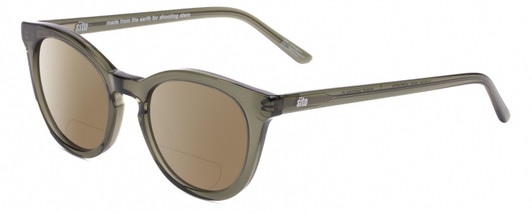 Profile View of SITO SHADES NOW OR NEVER Designer Polarized Reading Sunglasses with Custom Cut Powered Amber Brown Lenses in Pine Needle Green Crystal Ladies Round Full Rim Acetate 50 mm