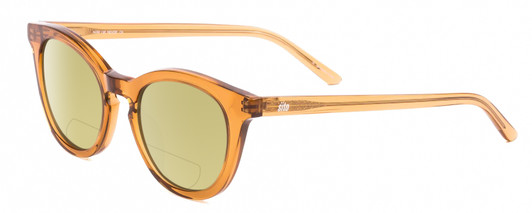 Profile View of SITO SHADES NOW OR NEVER Designer Polarized Reading Sunglasses with Custom Cut Powered Sun Flower Yellow Lenses in Tobacco Orange Crystal Ladies Round Full Rim Acetate 50 mm