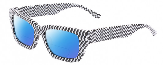 Profile View of SITO SHADES OUTER LIMITS Designer Polarized Reading Sunglasses with Custom Cut Powered Blue Mirror Lenses in Optic Black White Checker Print Unisex Square Full Rim Acetate 54 mm