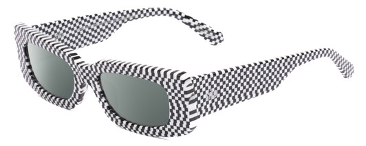 Profile View of SITO SHADES REACHING DAWN Designer Polarized Sunglasses with Custom Cut Smoke Grey Lenses in Optic Black White Checker Print Ladies Square Full Rim Acetate 51 mm