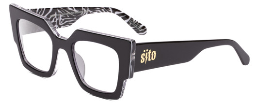 Profile View of SITO SHADES SENSORY DIVISION Designer Progressive Lens Blue Light Blocking Eyeglasses in Black White Zebra Safari Ladies Cat Eye Full Rim Acetate 53 mm