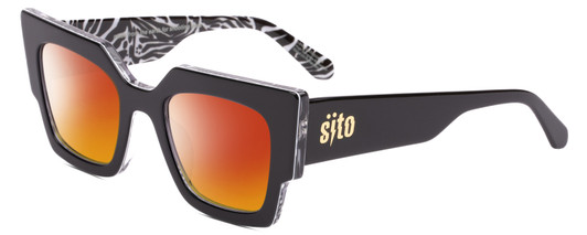 Profile View of SITO SHADES SENSORY DIVISION Designer Polarized Sunglasses with Custom Cut Red Mirror Lenses in Black White Zebra Safari Ladies Cat Eye Full Rim Acetate 53 mm