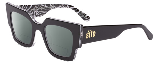 Profile View of SITO SHADES SENSORY DIVISION Designer Polarized Reading Sunglasses with Custom Cut Powered Smoke Grey Lenses in Black White Zebra Safari Ladies Cat Eye Full Rim Acetate 53 mm