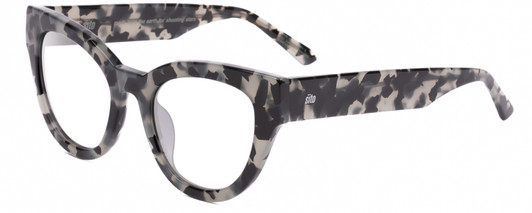 Profile View of SITO SHADES SOUL FUSION Designer Reading Eye Glasses with Custom Cut Powered Lenses in Black Grey Tortoise Ladies Round Full Rim Acetate 51 mm