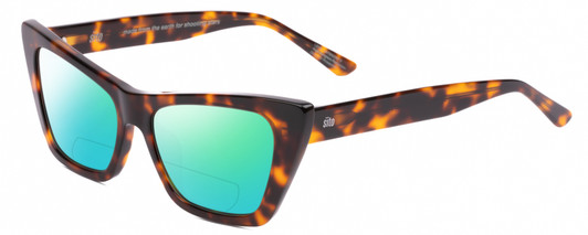Profile View of SITO SHADES WONDERLAND Designer Polarized Reading Sunglasses with Custom Cut Powered Green Mirror Lenses in Honey Tortoise Havana Ladies Cat Eye Full Rim Acetate 54 mm