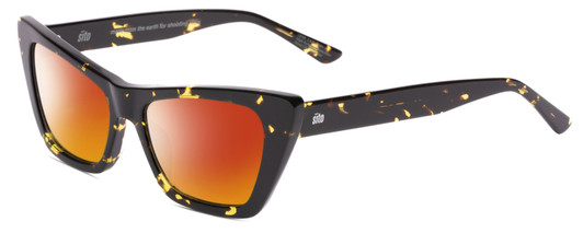 Profile View of SITO SHADES WONDERLAND Designer Polarized Sunglasses with Custom Cut Red Mirror Lenses in Limeade Black Yellow Tortoise Ladies Cat Eye Full Rim Acetate 54 mm