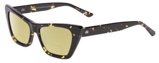Profile View of SITO SHADES WONDERLAND Designer Polarized Reading Sunglasses with Custom Cut Powered Sun Flower Yellow Lenses in Limeade Black Yellow Tortoise Ladies Cat Eye Full Rim Acetate 54 mm