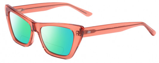 Profile View of SITO SHADES WONDERLAND Designer Polarized Reading Sunglasses with Custom Cut Powered Green Mirror Lenses in Watermelon Pink Crystal Ladies Cat Eye Full Rim Acetate 54 mm