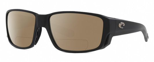 Profile View of Costa Del Mar TUNA ALLEY PRO Designer Polarized Reading Sunglasses with Custom Cut Powered Amber Brown Lenses in Black Mens Rectangular Full Rim Acetate 60 mm
