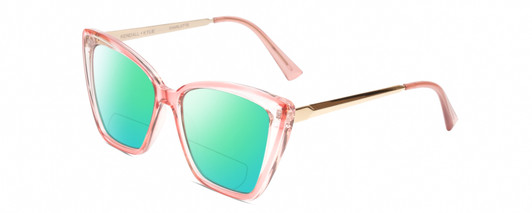 Profile View of Kendall+Kylie KK5126 CHARLOTTE Designer Polarized Reading Sunglasses with Custom Cut Powered Green Mirror Lenses in Blush Pink Crystal Gold Ladies Cat Eye Full Rim Acetate 54 mm