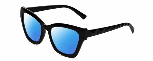Profile View of Kendall+Kylie KK5130CE ESTELLE Designer Polarized Reading Sunglasses with Custom Cut Powered Blue Mirror Lenses in Shiny Black  Ladies Cat Eye Full Rim Acetate 52 mm