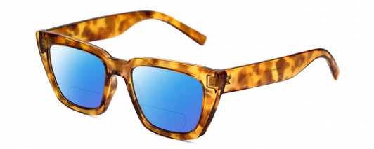 Profile View of Kendall+Kylie KK5145CE SADIE Designer Polarized Reading Sunglasses with Custom Cut Powered Blue Mirror Lenses in Amber Demi Tortoise Havana Crystal Ladies Square Full Rim Acetate 50 mm