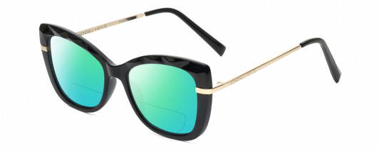 Profile View of Kendall+Kylie KK5156CE FRANNIE Designer Polarized Reading Sunglasses with Custom Cut Powered Green Mirror Lenses in Gloss Black Gold Ladies Cat Eye Full Rim Acetate 52 mm