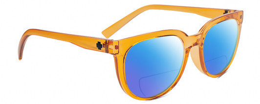 Profile View of SPY Optics Bewilder Designer Polarized Reading Sunglasses with Custom Cut Powered Blue Mirror Lenses in Orange Crystal Unisex Panthos Full Rim Acetate 54 mm