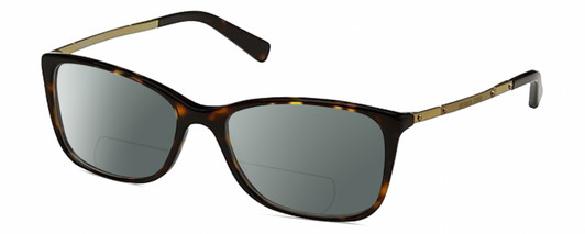 Profile View of Michael Kors MK4016 Designer Polarized Reading Sunglasses with Custom Cut Powered Smoke Grey Lenses in Brown Tortoise Havana Antique Gold Ladies Cat Eye Full Rim Acetate 53 mm
