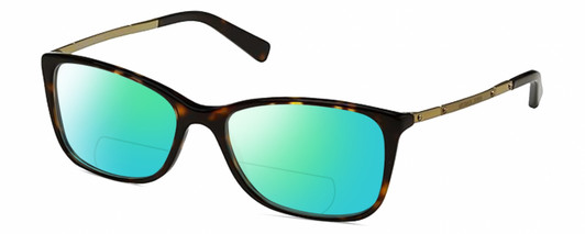Profile View of Michael Kors MK4016 Designer Polarized Reading Sunglasses with Custom Cut Powered Green Mirror Lenses in Brown Tortoise Havana Antique Gold Ladies Cat Eye Full Rim Acetate 53 mm