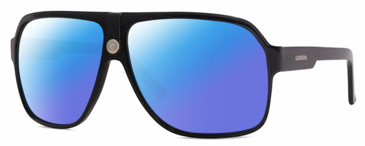 Profile View of CARRERA 33/S Designer Polarized Sunglasses with Custom Cut Blue Mirror Lenses in Gloss Black Mens Rectangular Full Rim Acetate 62 mm