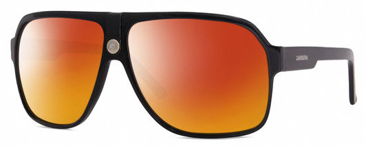 Profile View of CARRERA 33/S Designer Polarized Sunglasses with Custom Cut Red Mirror Lenses in Gloss Black Mens Rectangular Full Rim Acetate 62 mm