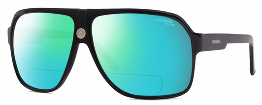 Profile View of CARRERA 33/S Designer Polarized Reading Sunglasses with Custom Cut Powered Green Mirror Lenses in Gloss Black Mens Rectangular Full Rim Acetate 62 mm