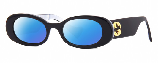 Profile View of Gucci GG0517S Designer Polarized Sunglasses with Custom Cut Blue Mirror Lenses in Black Blue Opal Marble Gold Ladies Oval Full Rim Acetate 52 mm