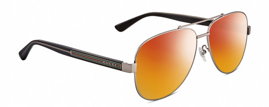 Profile View of Gucci GG0528S Designer Polarized Sunglasses with Custom Cut Red Mirror Lenses in Ruthenium Silver Black Crystal Unisex Pilot Full Rim Metal 63 mm