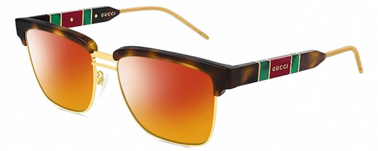 Profile View of Gucci GG0603S Designer Polarized Sunglasses with Custom Cut Red Mirror Lenses in Tortoise Havana Gold Red Green Unisex Square Full Rim Metal 56 mm