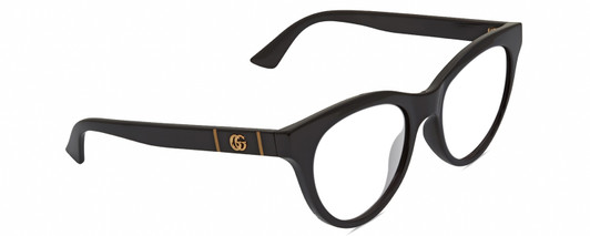 Profile View of Gucci GG0763S Designer Blue Light Blocking Eyeglasses in Gloss Black Gold Ladies Cat Eye Full Rim Acetate 53 mm