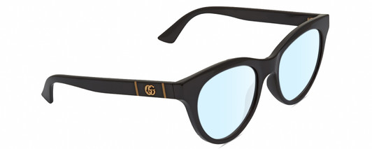Profile View of Gucci GG0763S Designer Blue Light Blocking Eyeglasses in Gloss Black Gold Ladies Cat Eye Full Rim Acetate 53 mm