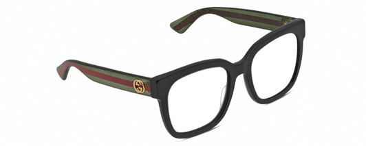 Profile View of Gucci GG0034SN Designer Reading Eye Glasses in Gloss Black Green Crystal Ladies Square Full Rim Acetate 54 mm