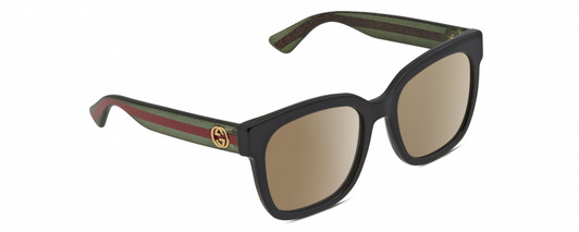 Profile View of Gucci GG0034SN Designer Polarized Sunglasses with Custom Cut Amber Brown Lenses in Gloss Black Green Crystal Ladies Square Full Rim Acetate 54 mm