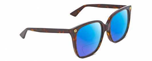 Profile View of Gucci GG0022S Designer Polarized Reading Sunglasses with Custom Cut Powered Blue Mirror Lenses in Brown Tortoise Havana Ladies Cat Eye Full Rim Acetate 57 mm