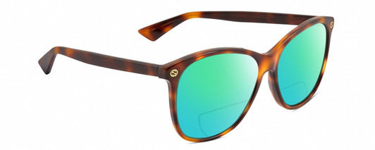 Profile View of Gucci GG0024S Designer Polarized Reading Sunglasses with Custom Cut Powered Green Mirror Lenses in Brown Tortoise Havana Unisex Square Full Rim Acetate 58 mm