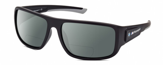 Profile View of BMW BS0023 Designer Polarized Reading Sunglasses with Custom Cut Powered Smoke Grey Lenses in Matte Black Grey Mens Rectangular Full Rim Acetate 63 mm