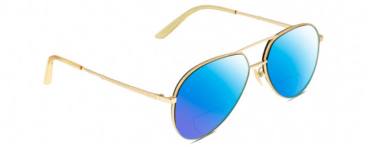Profile View of Gucci GG0356S Designer Polarized Reading Sunglasses with Custom Cut Powered Blue Mirror Lenses in Gold Unisex Pilot Full Rim Metal 59 mm